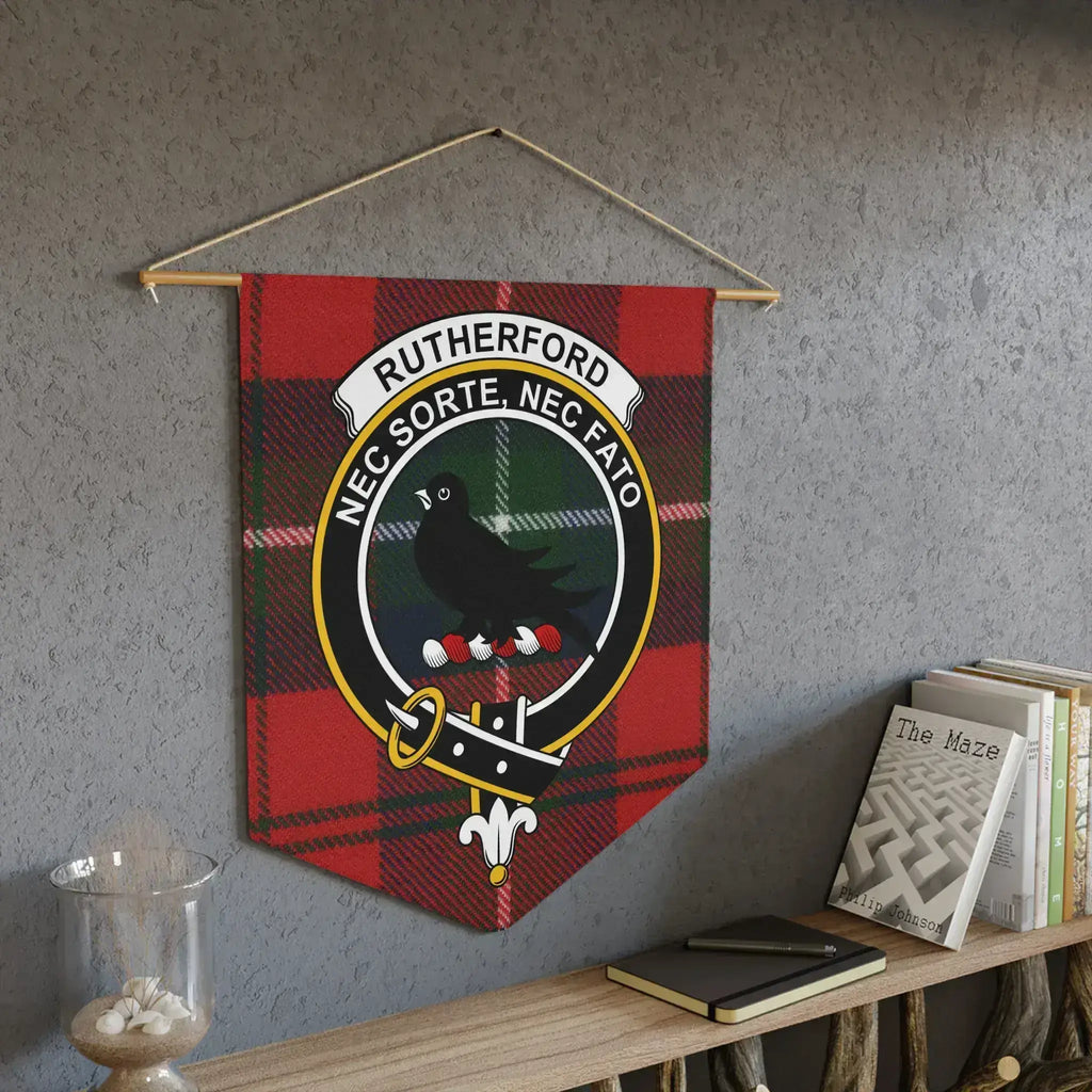 Rutherford Nec Sorte Nec Fato shield clan crest wall banner — laser-cut edges, bold tartan colours