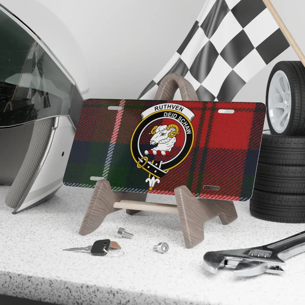 Clan Ruthven crest deid schaw novelty license plate — 100% aluminium, 12x6 inch