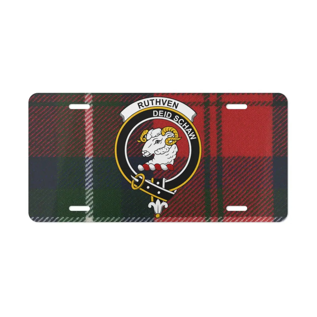 Ruthven deid schaw emblem on tartan license plate — red plaid with clan crest
