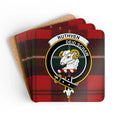 Clan Ruthven crest tartan coaster set — glossy print on natural cork, 3.75 inch square