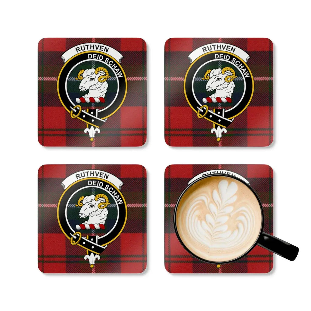 Ruthven deid schaw clan crest coasters — tartan design, full set view