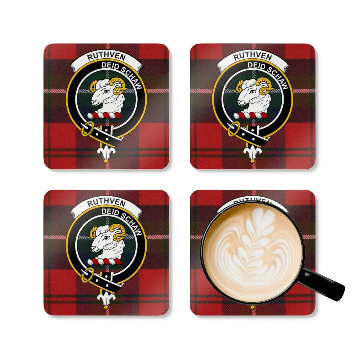 Ruthven deid schaw clan crest coasters — tartan design, full set view