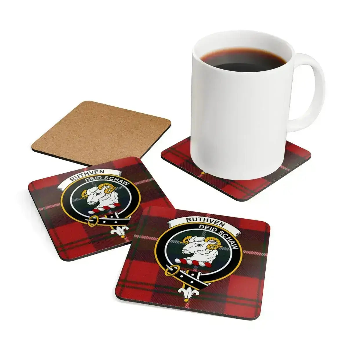 Clan Ruthven tartan coaster close-up — vibrant ram crest print on cork base
