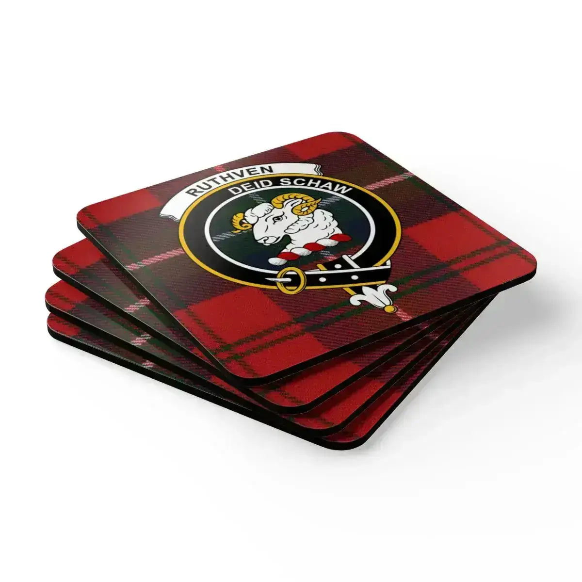 Ruthven coaster set in use — Scottish clan crest and tartan pattern on table
