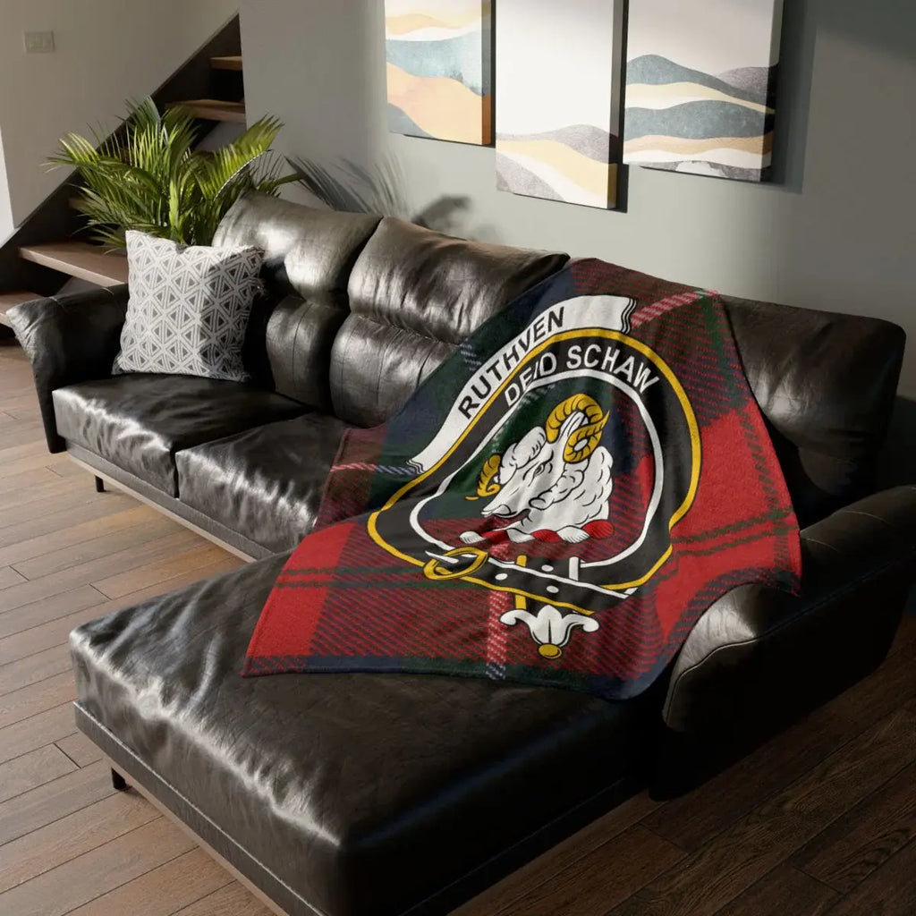 Clan Ruthven crest tartan throw blanket — lightweight 100% polyester, full design view