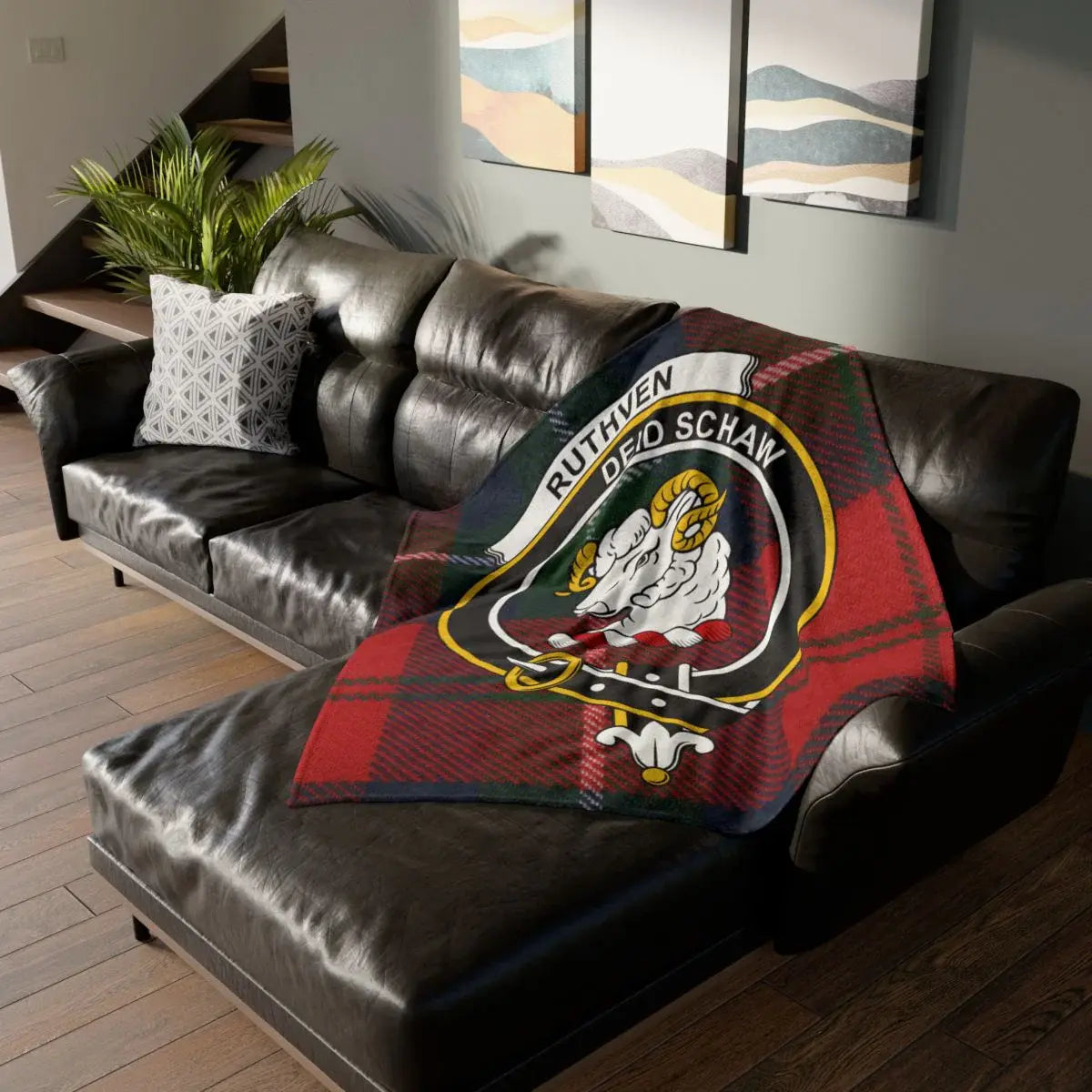Clan Ruthven crest tartan throw blanket — lightweight 100% polyester, full design view