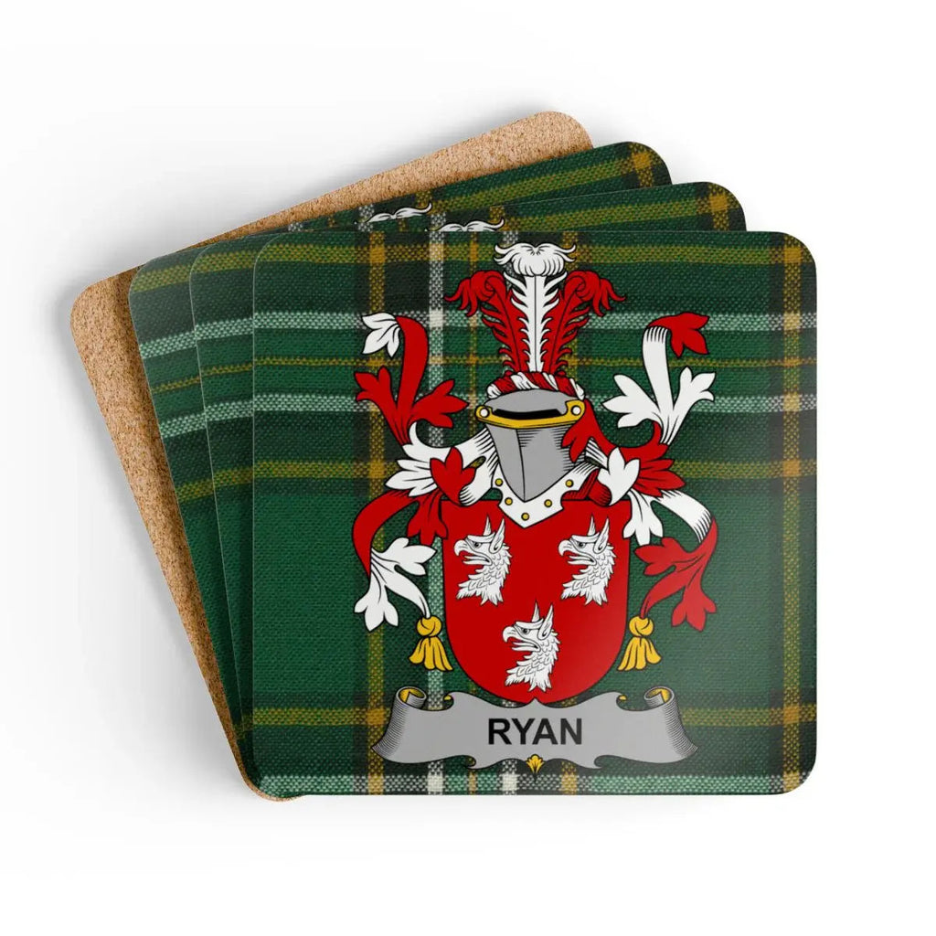 Ryan Irish family crest coaster set on the Irish National Tartan