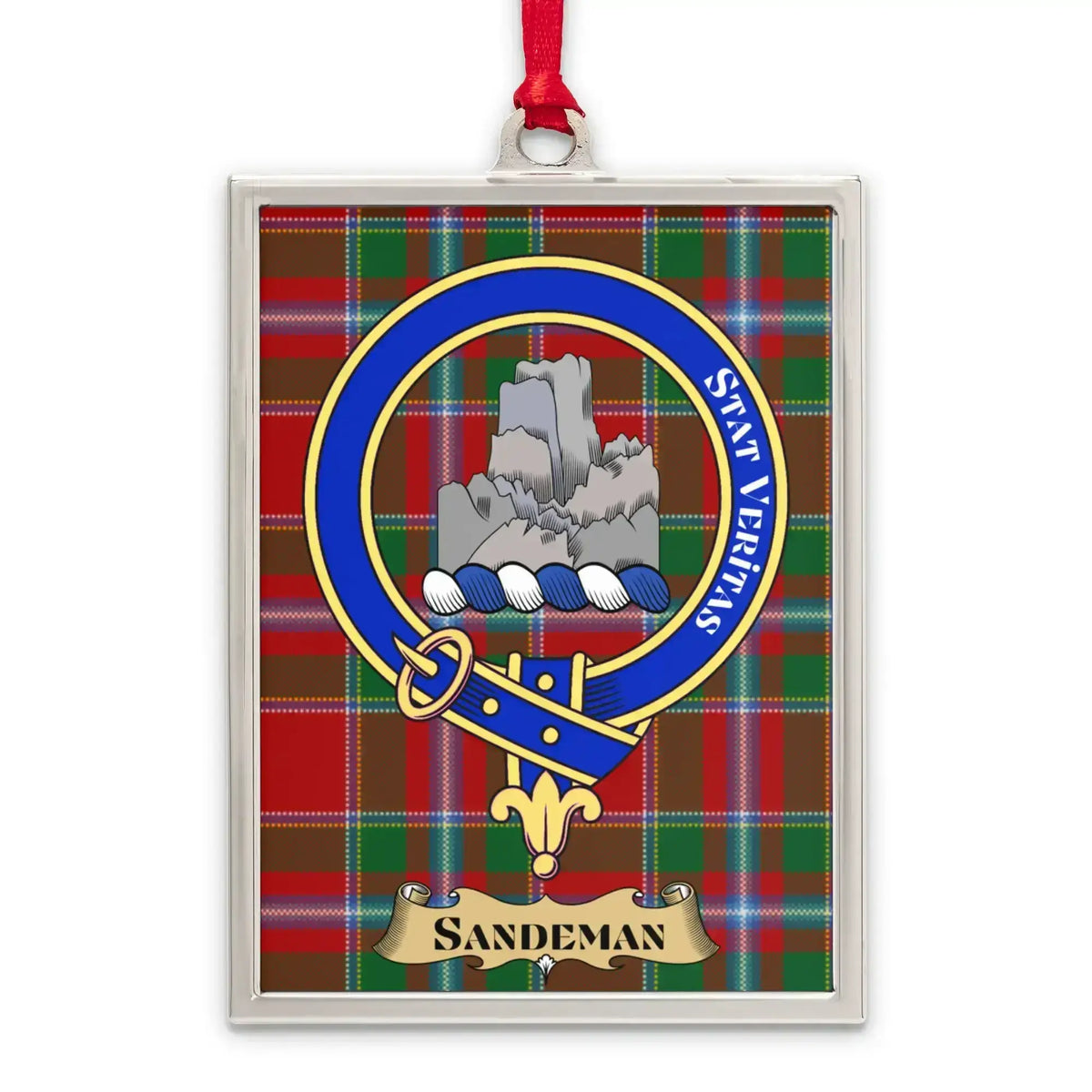 Sandeman tartan-background crest ornament shown as a Scottish heritage keepsake gift