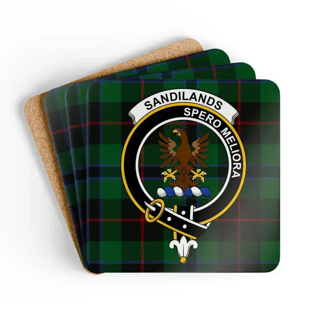 Clan Sandilands Spero Meliora tartan coaster set — glossy printed square cork, 3.75" x 3.75"