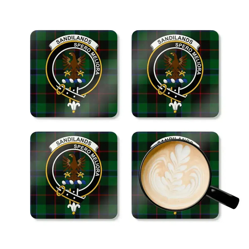 Sandilands Spero Meliora eagle emblem coasters — full-colour crest print on natural cork base