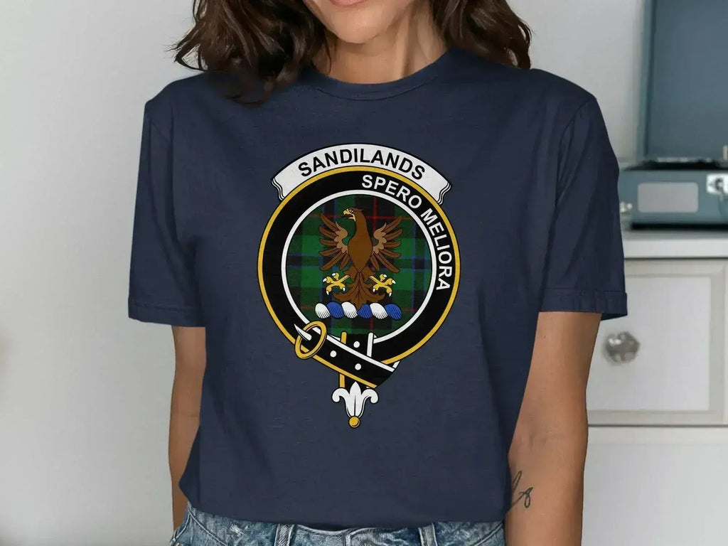 Sandilands Spero Meliora design navy blue shirt — clan crest print, unisex cotton fit