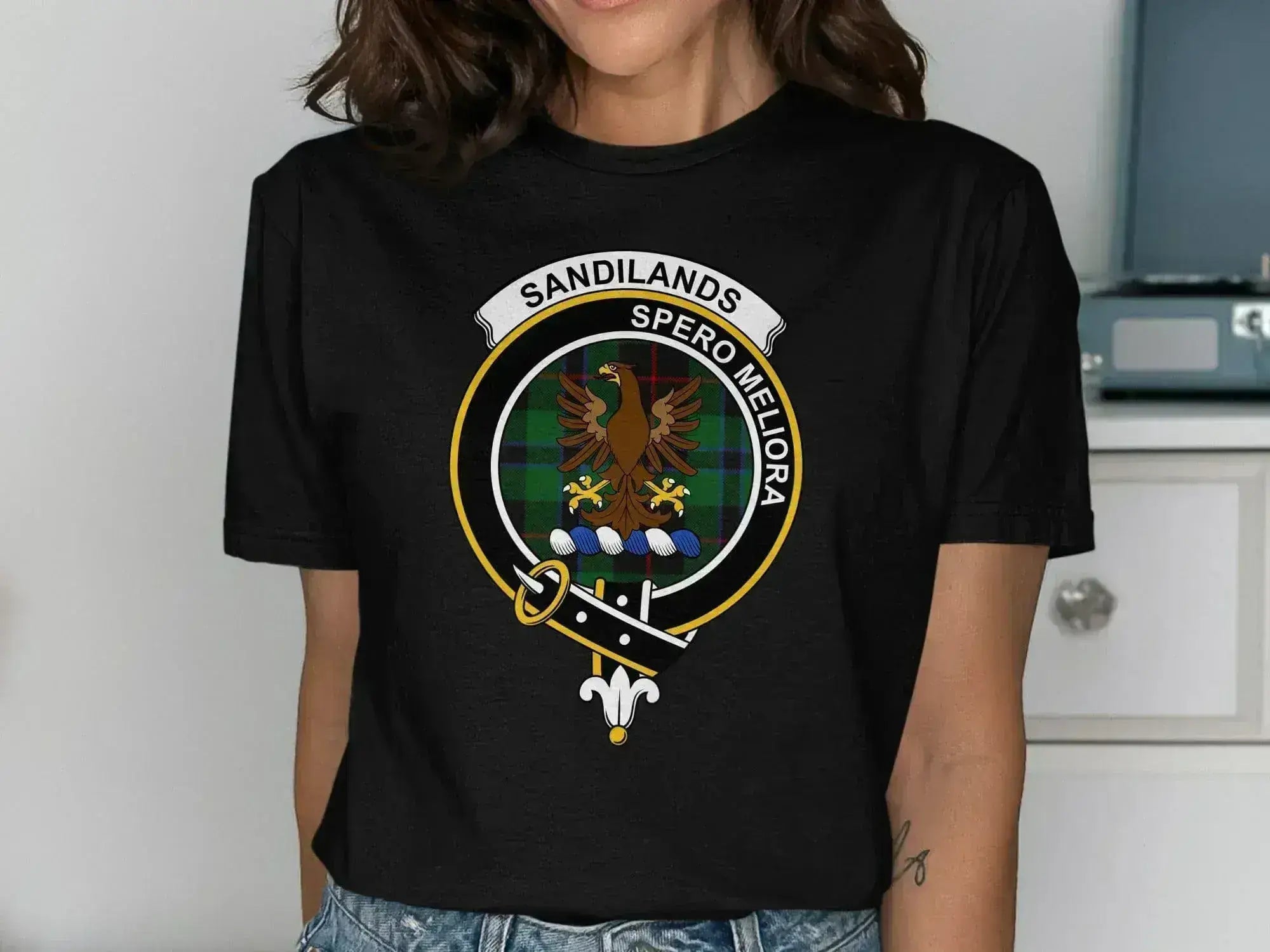 Sandilands Spero Meliora clan crest T-shirt in forest green — relaxed unisex cut
