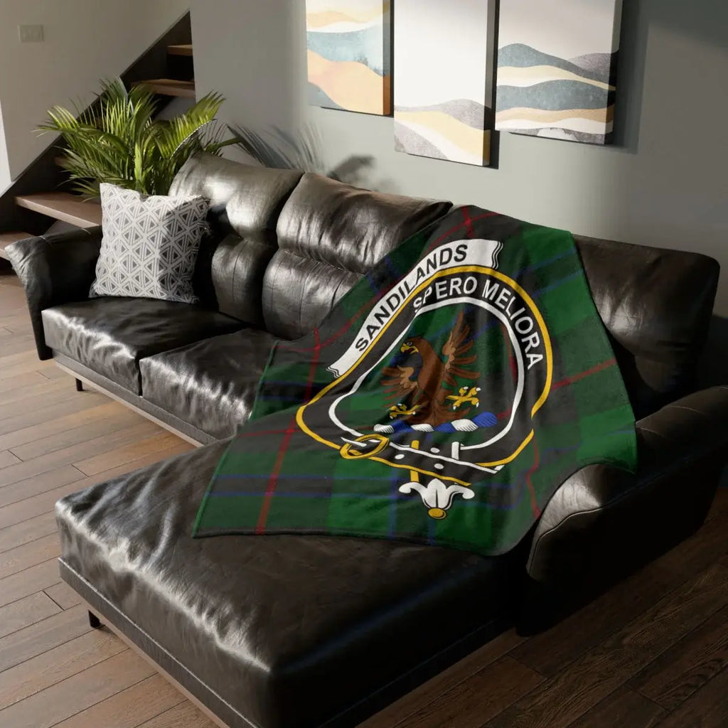 Clan Sandilands Spero Meliora eagle crest tartan throw blanket — lightweight polyester, 50" x 60"