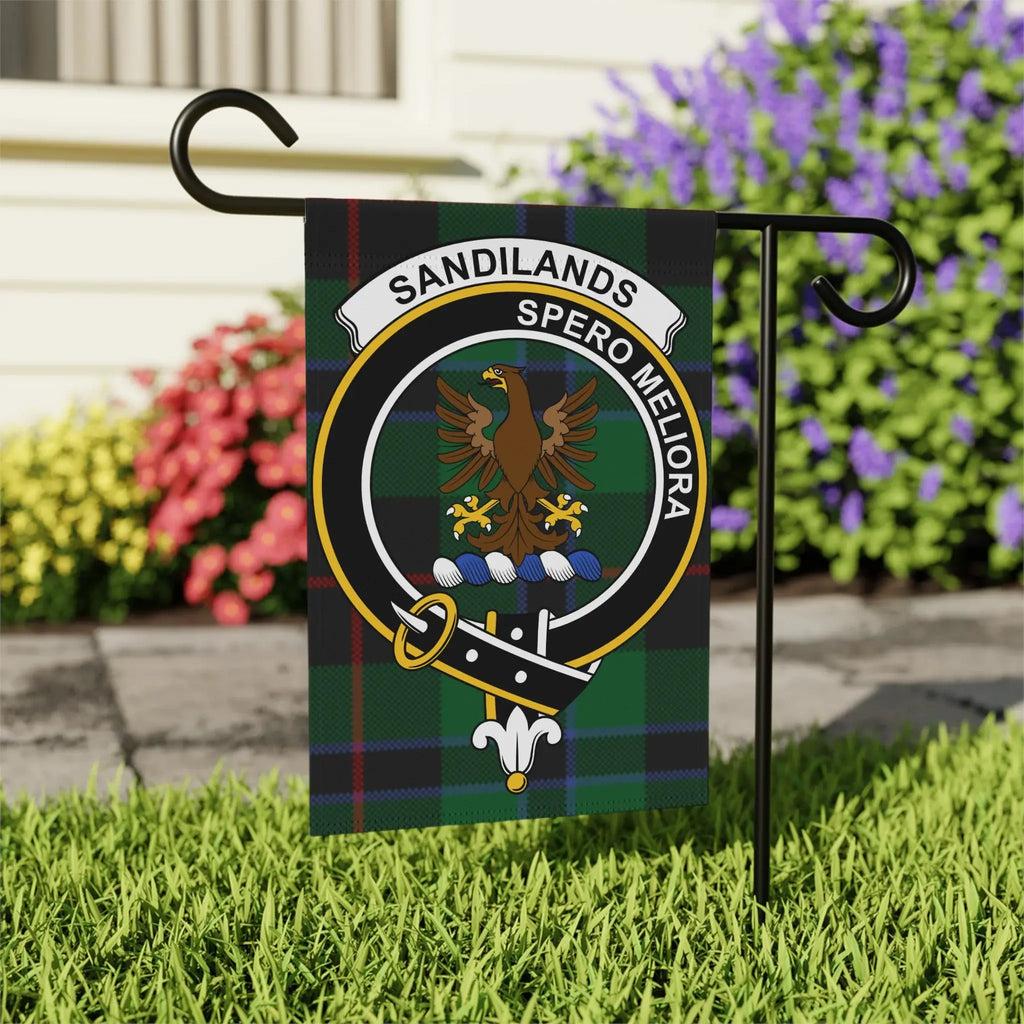 Sandilands Spero Meliora clan crest outdoor garden flag — 24.5" x 32" Scottish tartan