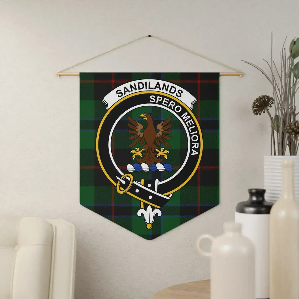 Clan Sandilands tartan crest pennant — 18" x 21" polyester twill with Spero Meliora eagle emblem, wooden dowel