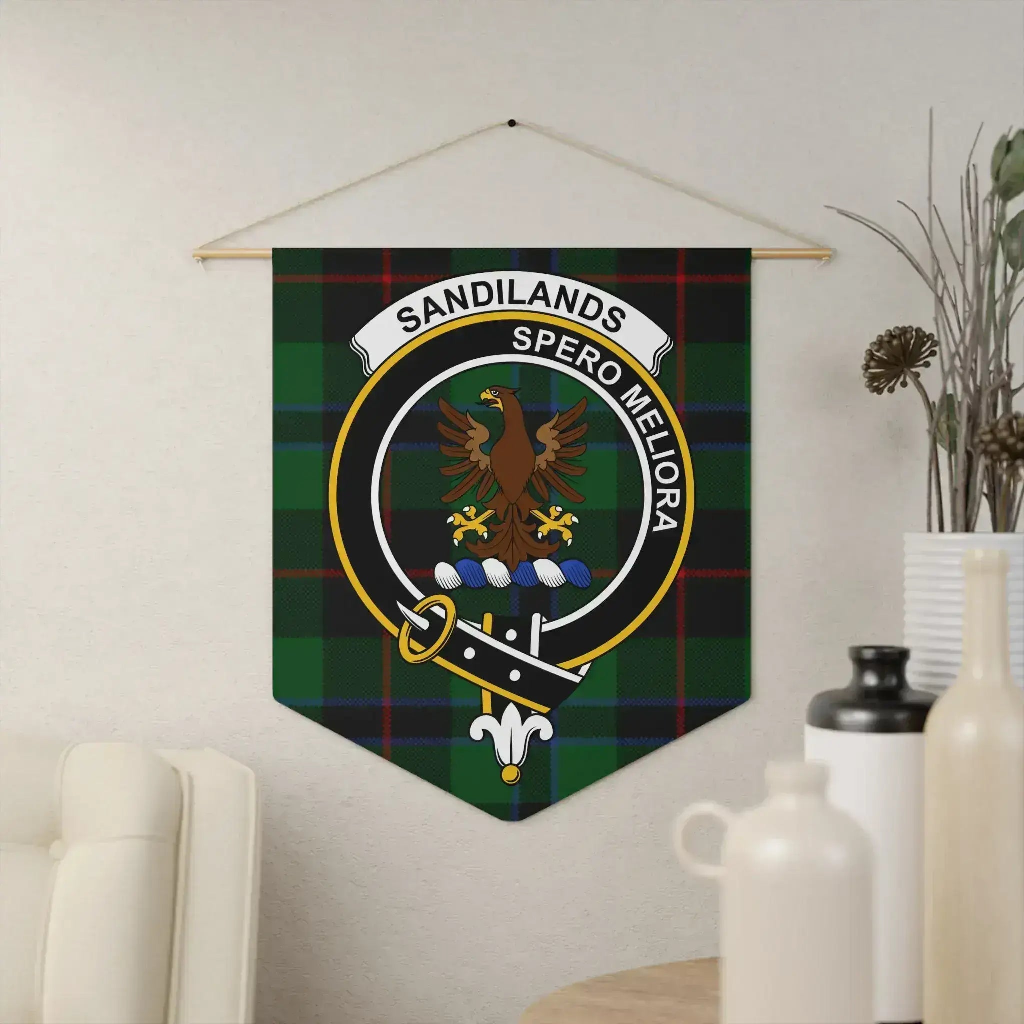 Clan Sandilands tartan crest pennant — 18" x 21" polyester twill with Spero Meliora eagle emblem, wooden dowel