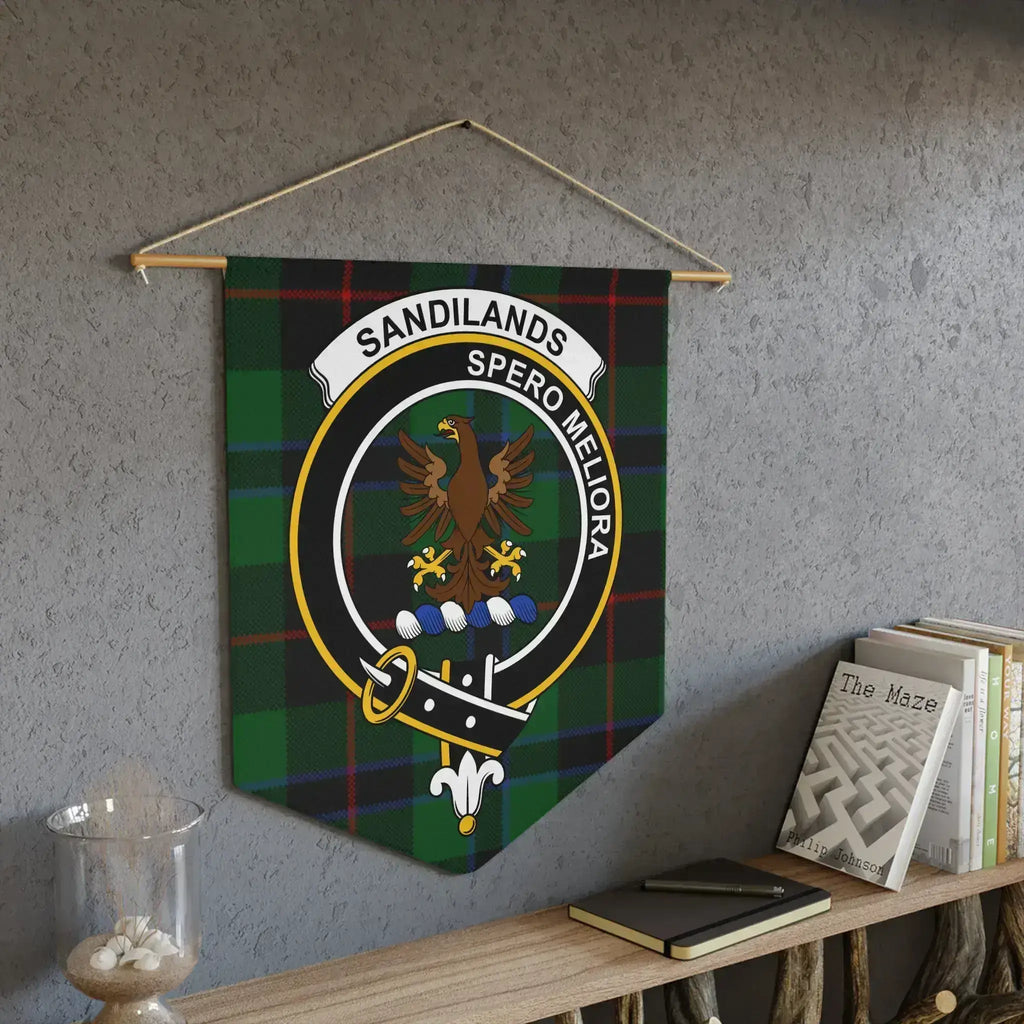Sandilands Spero Meliora family crest tartan wall banner — laser-cut edges, bold tartan colours