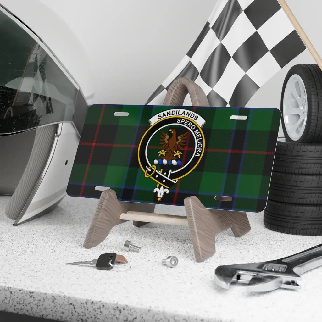 Clan Sandilands tartan novelty license plate — Spero Meliora eagle crest, 12" x 6" aluminium