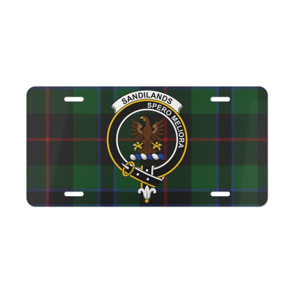 Sandilands Spero Meliora plaid crest car license plate — full-colour Scottish heritage design