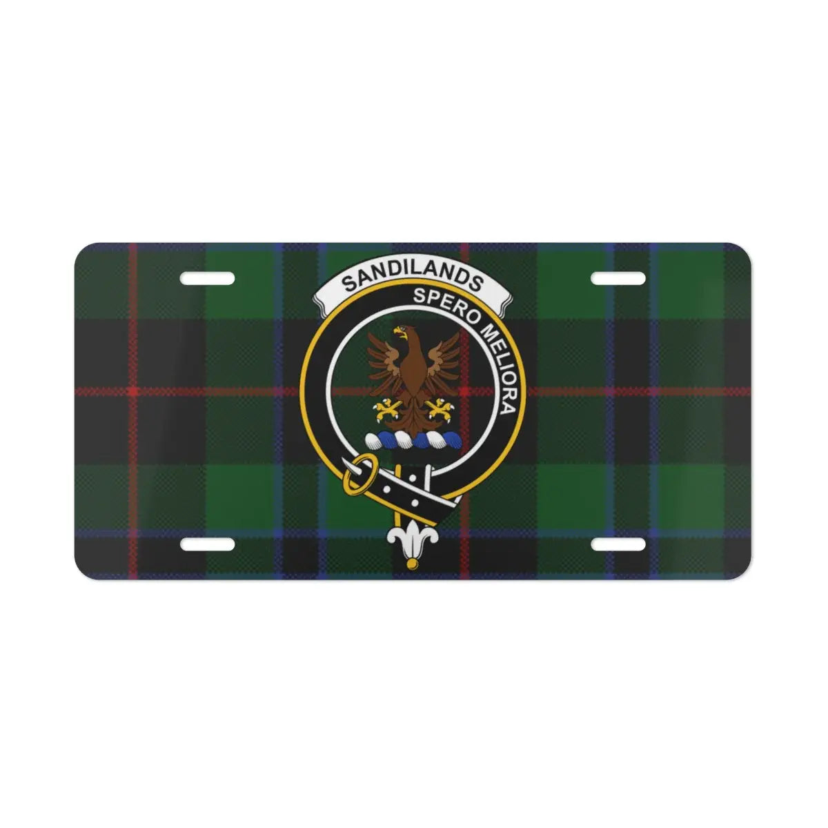 Sandilands Spero Meliora plaid crest car license plate — full-colour Scottish heritage design
