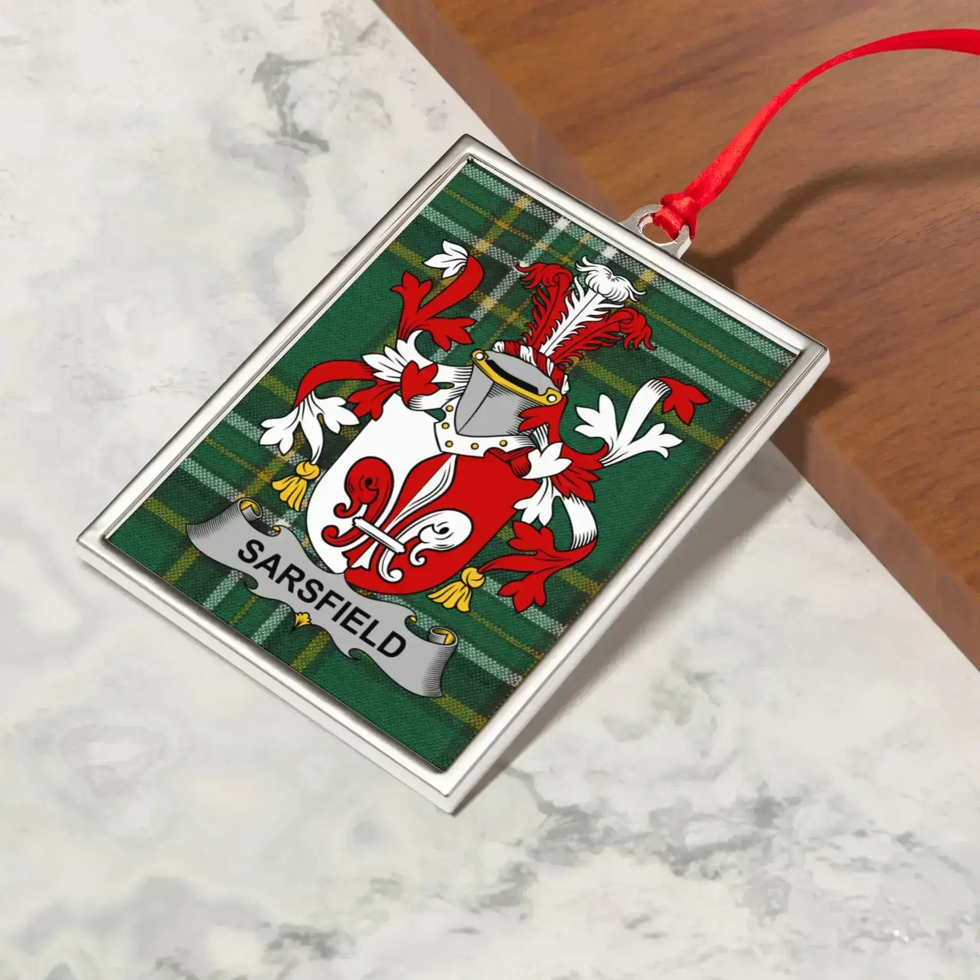 Sarsfield Family Crest Green Background Ornament product type