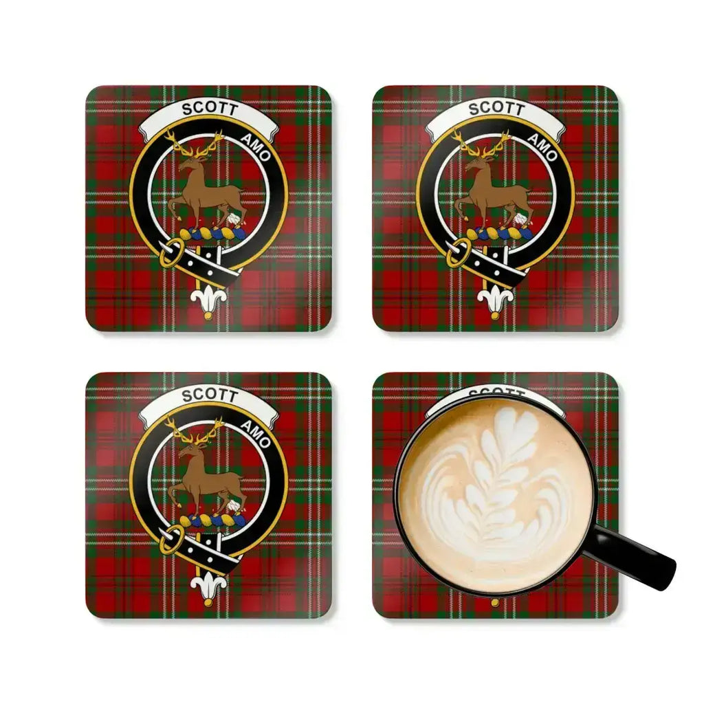 Scott amo red plaid deer crest coasters — full set view