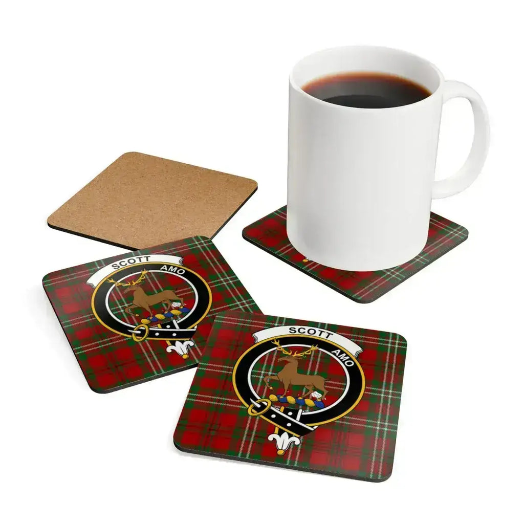 Clan Scott tartan coaster close-up — vibrant deer crest print on cork base