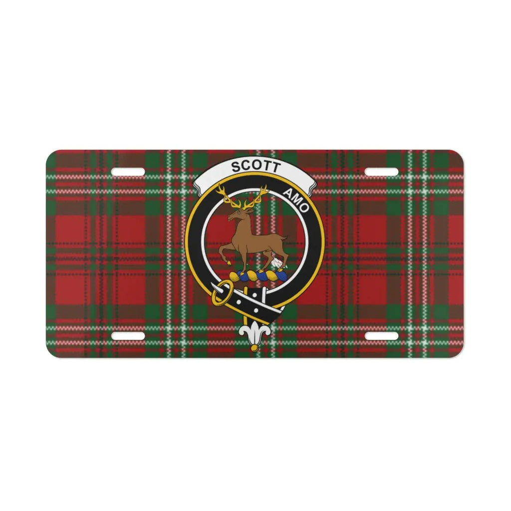Scott amo plaid deer crest license plate — vivid red and green tartan design