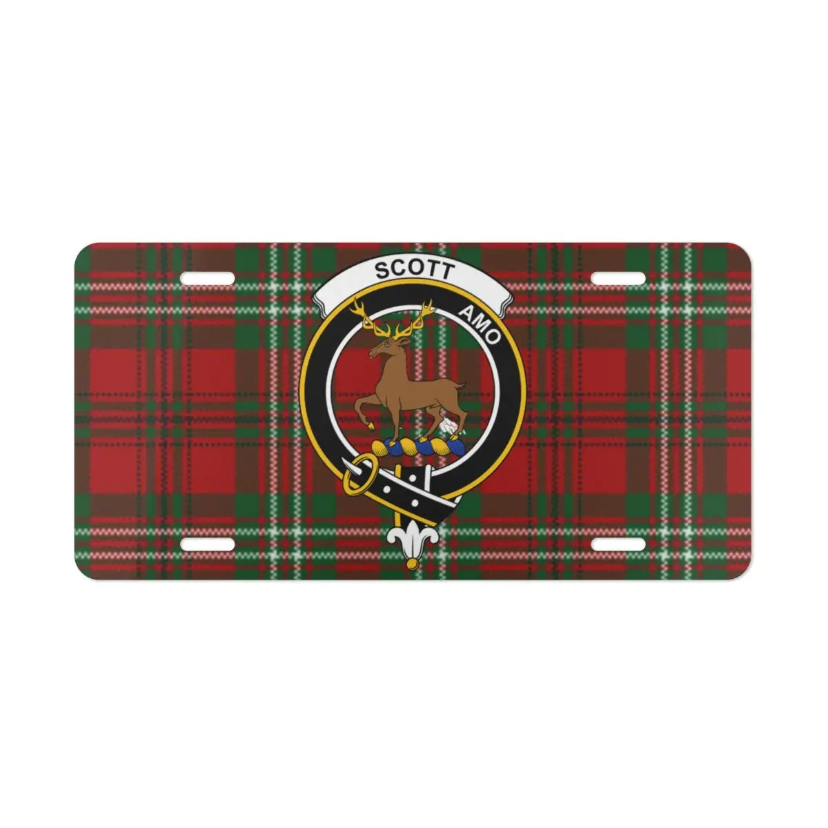 Scott amo plaid deer crest license plate — vivid red and green tartan design