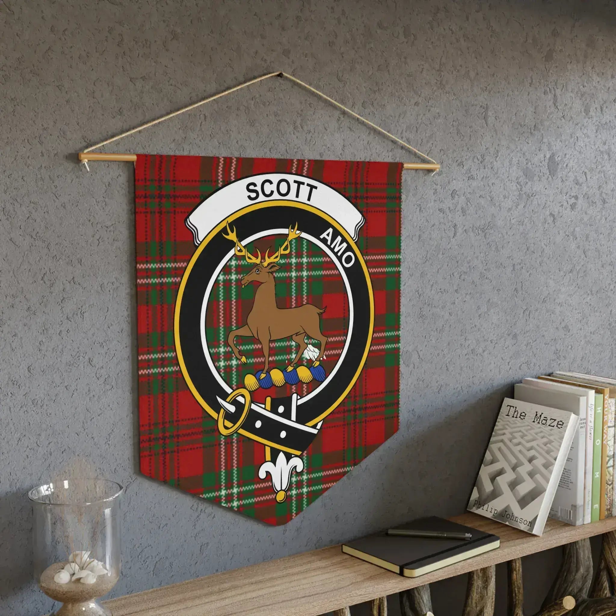Scott amo clan deer crest pennant on wall — tartan pattern display