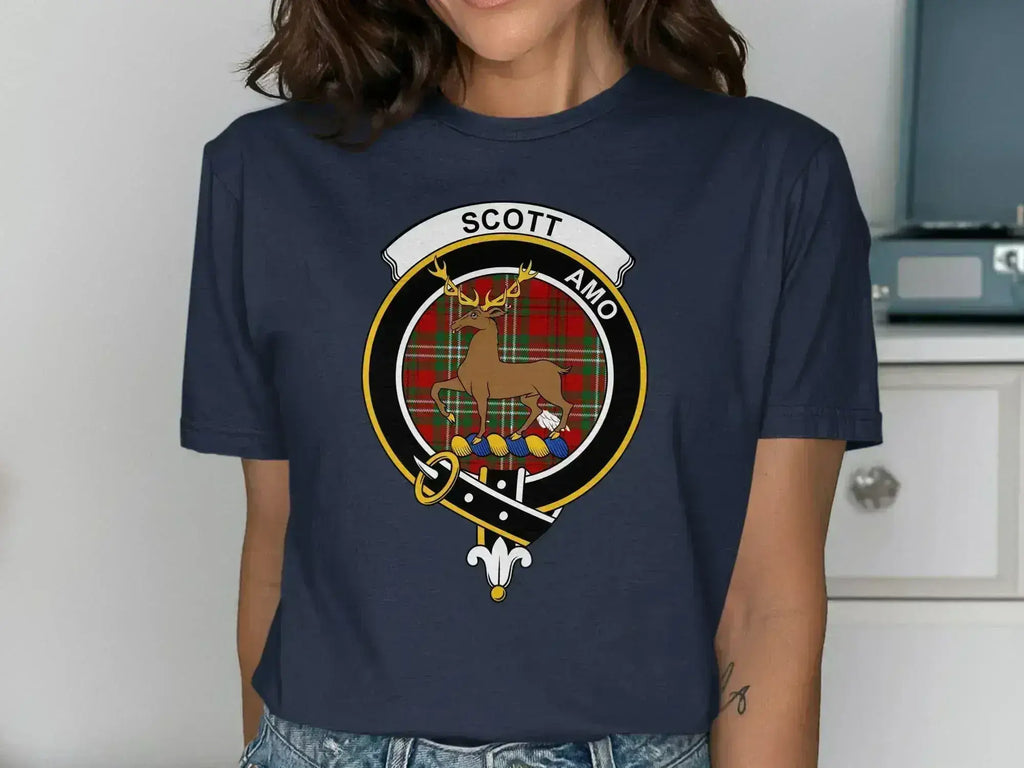 Scott clan crest tee in navy — deer emblem on soft cotton