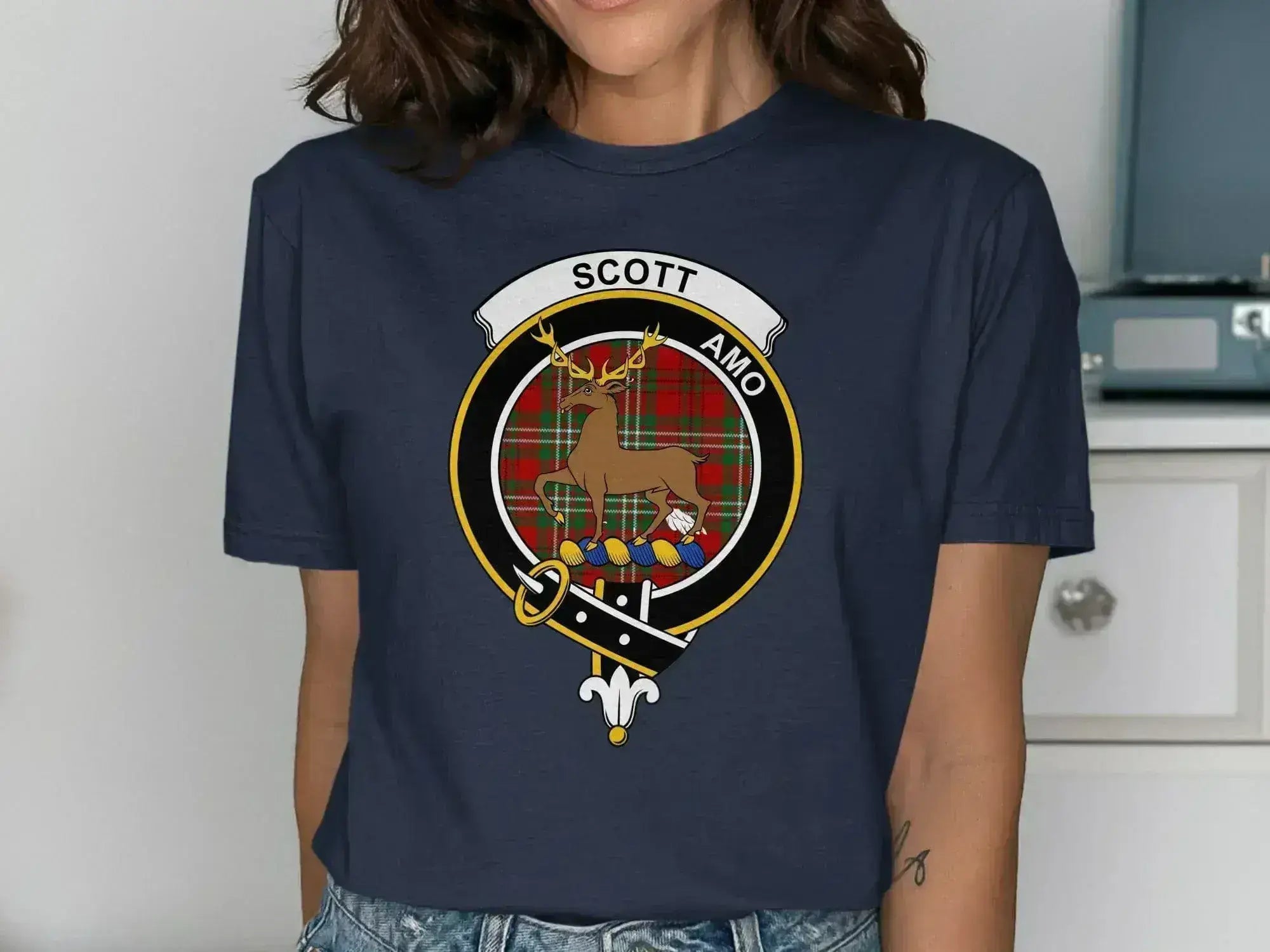 Scott clan crest tee in navy — deer emblem on soft cotton