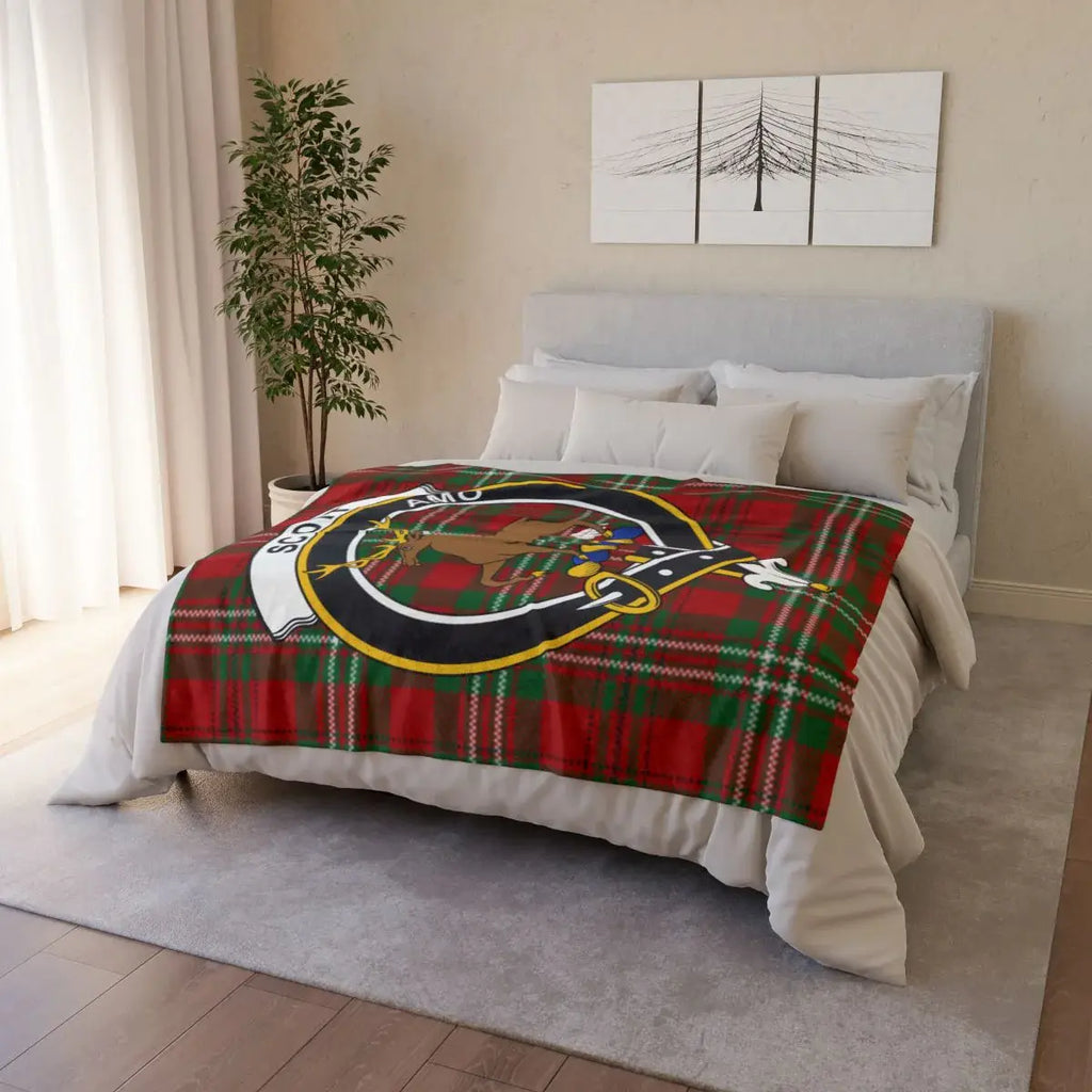 Clan Scott throw blanket folded — showing deer crest and tartan plaid print