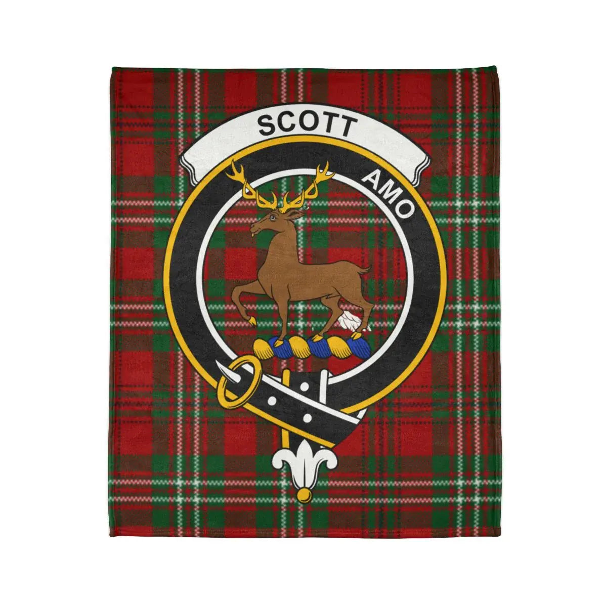 Clan Scott printed throw blanket — amo deer crest, 50x60 inch size