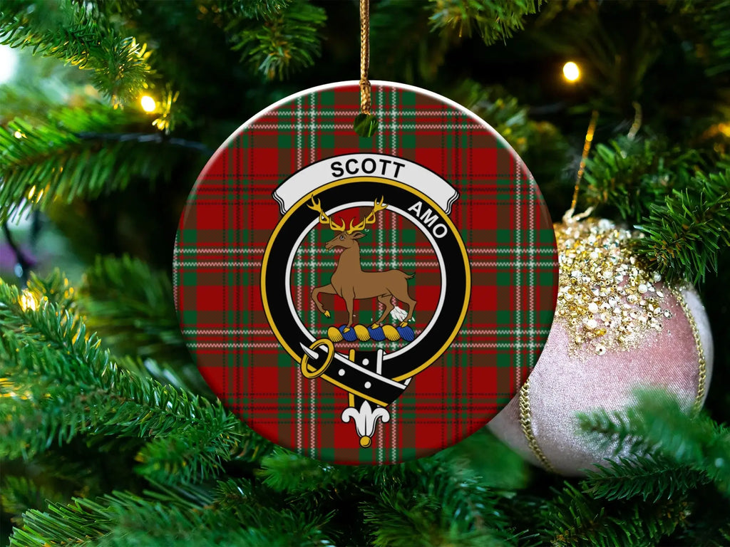 Clan Scott tartan crest ceramic ornament — 3 inch, double-sided with gold string