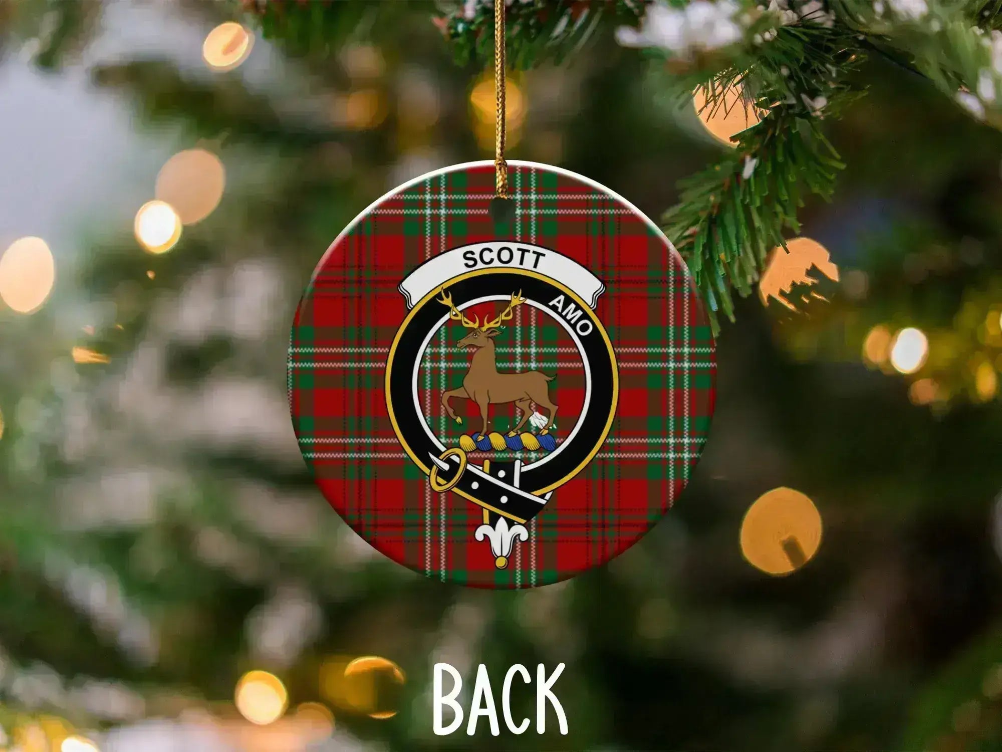 Scott amo tartan clan crest ornament front view — deer emblem and plaid