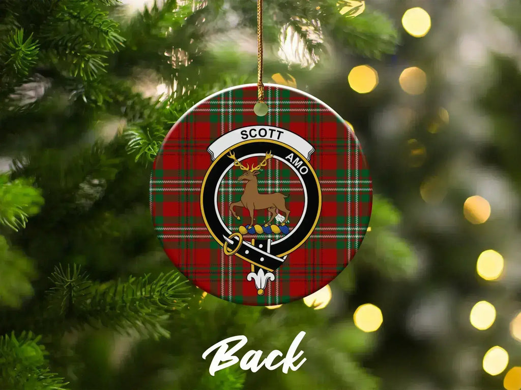 Clan Scott ceramic Christmas ornament — tartan deer crest, on tree