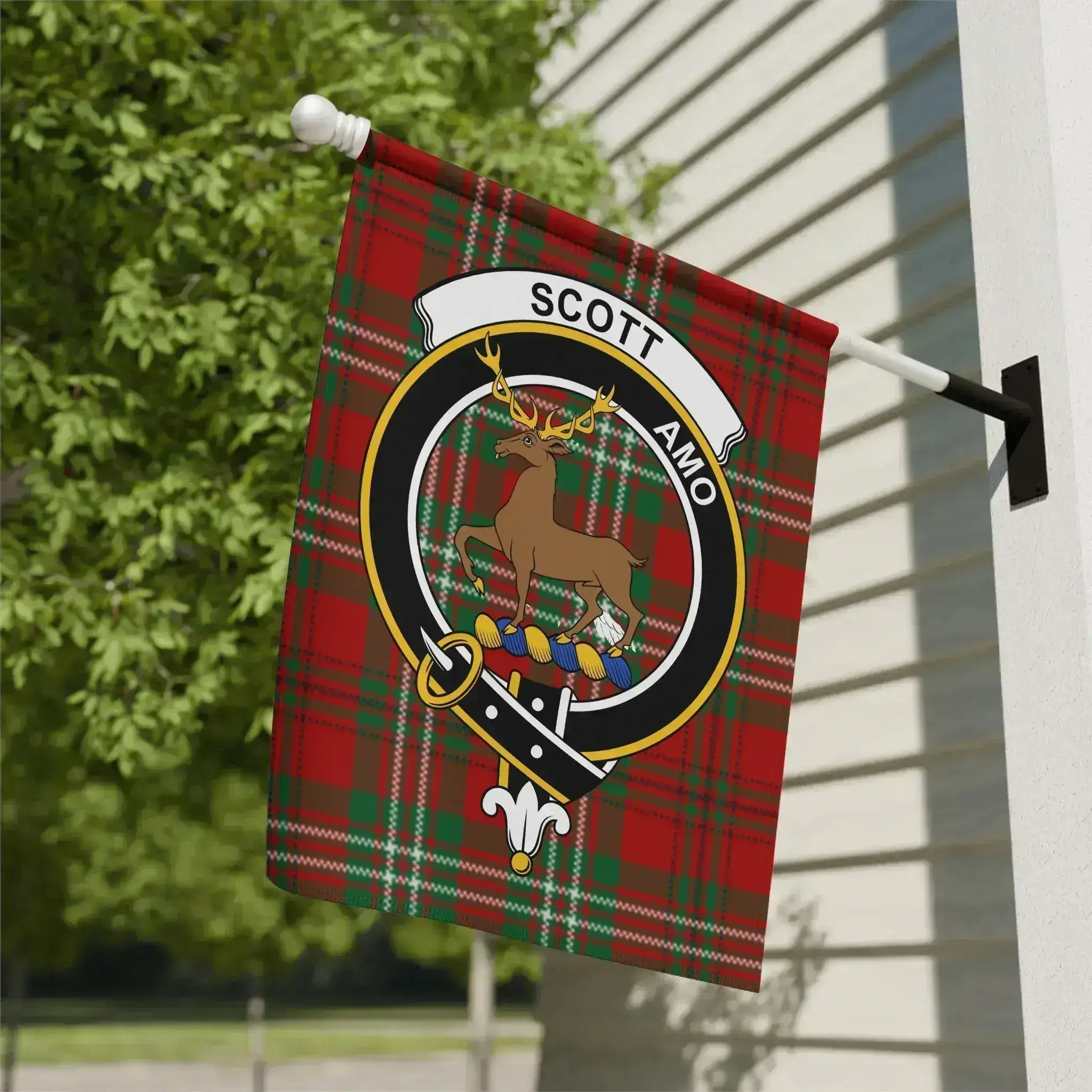 Clan Scott tartan garden flag — 12x18 inch, poly canvas with amo deer crest and plaid