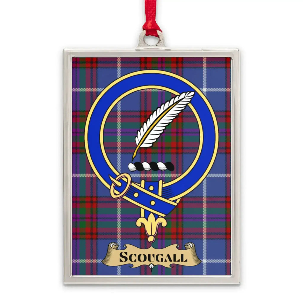 Scougall tartan-background crest ornament shown as a Scottish heritage keepsake gift