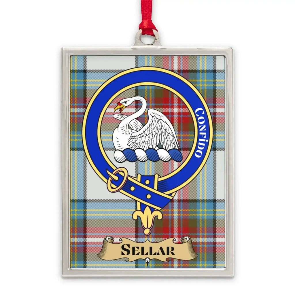 Sellar tartan-background crest ornament shown as a Scottish heritage keepsake gift