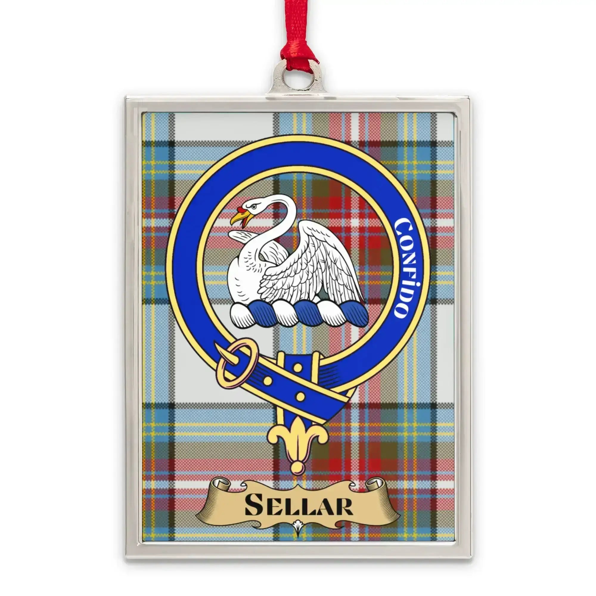 Sellar tartan-background crest ornament shown as a Scottish heritage keepsake gift