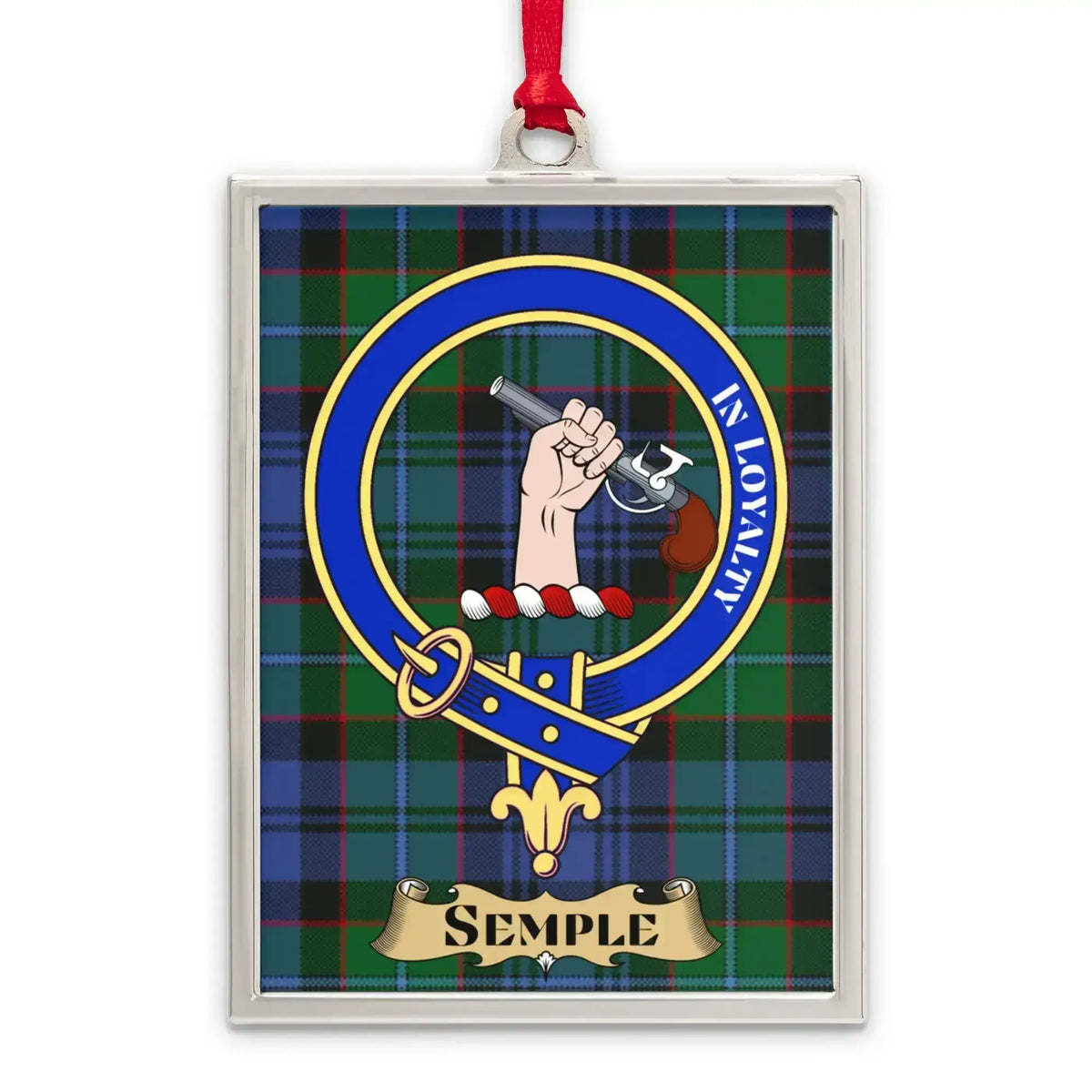 Semple tartan-background crest ornament shown as a Scottish heritage keepsake gift