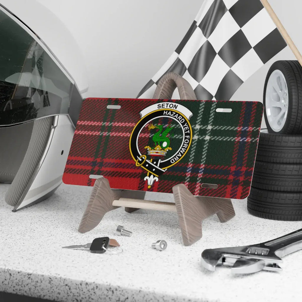 Clan Seton tartan novelty license plate — Hazard Yet Forward dragon crest, 12" x 6" aluminium