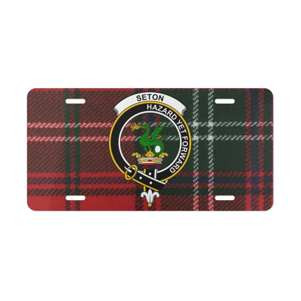 Clan Seton Hazard Yet Forward plaid crest license plate — full-colour Scottish heritage design