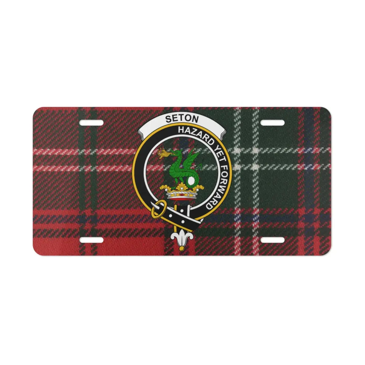 Clan Seton Hazard Yet Forward plaid crest license plate — full-colour Scottish heritage design