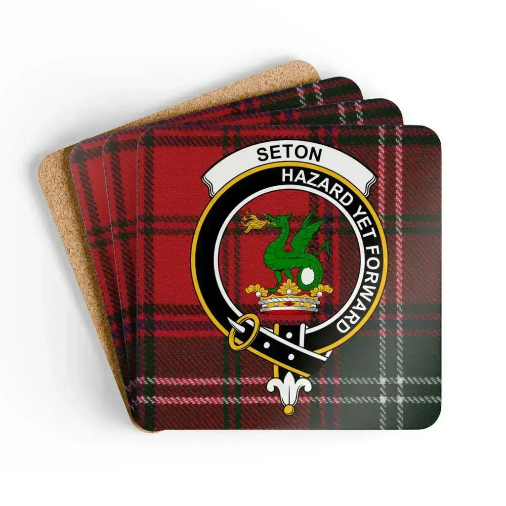 Clan Seton Hazard Yet Forward tartan coaster set — glossy printed square cork, 3.75" x 3.75"