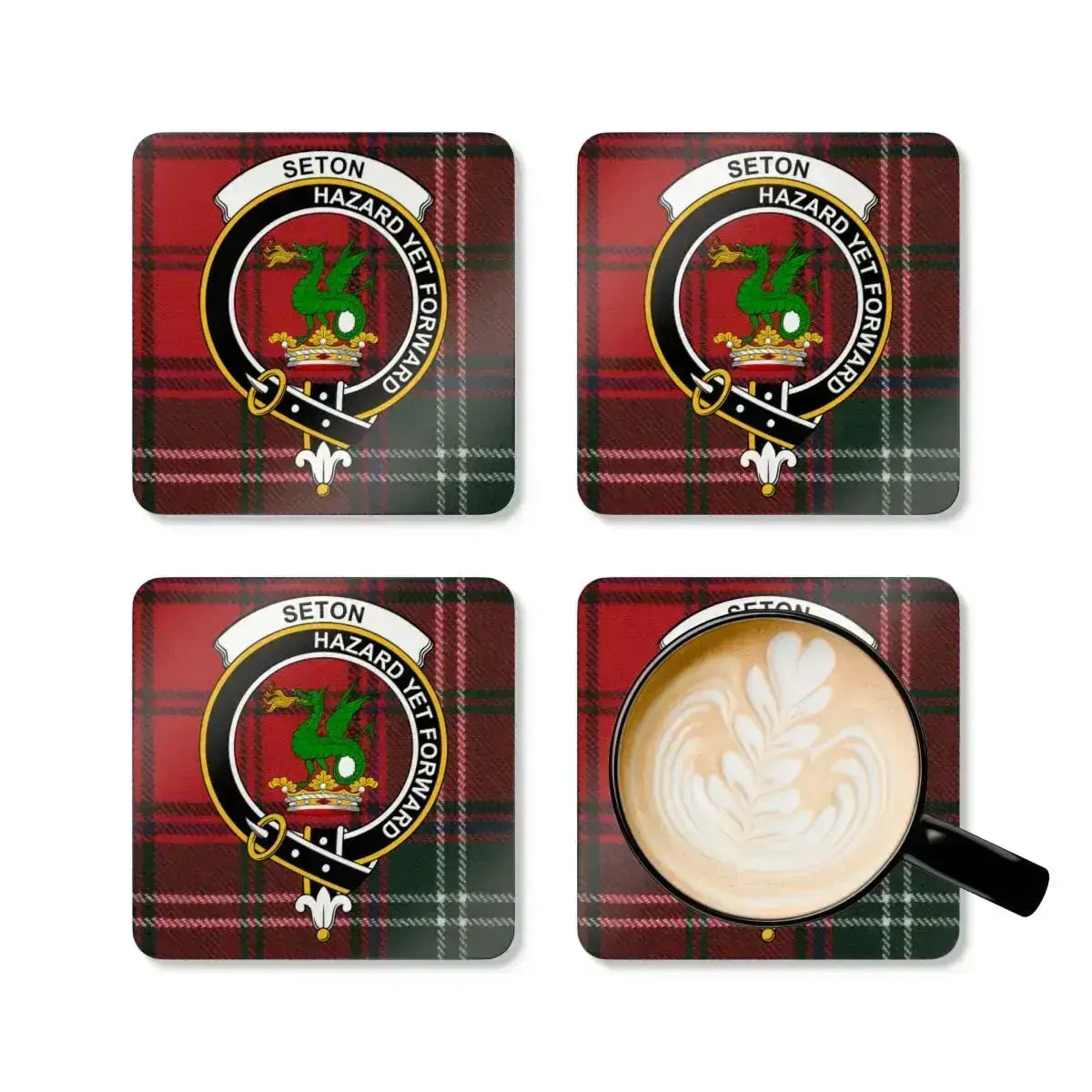 Seton Hazard Yet Forward red tartan coaster — full-colour dragon crest print on natural cork base
