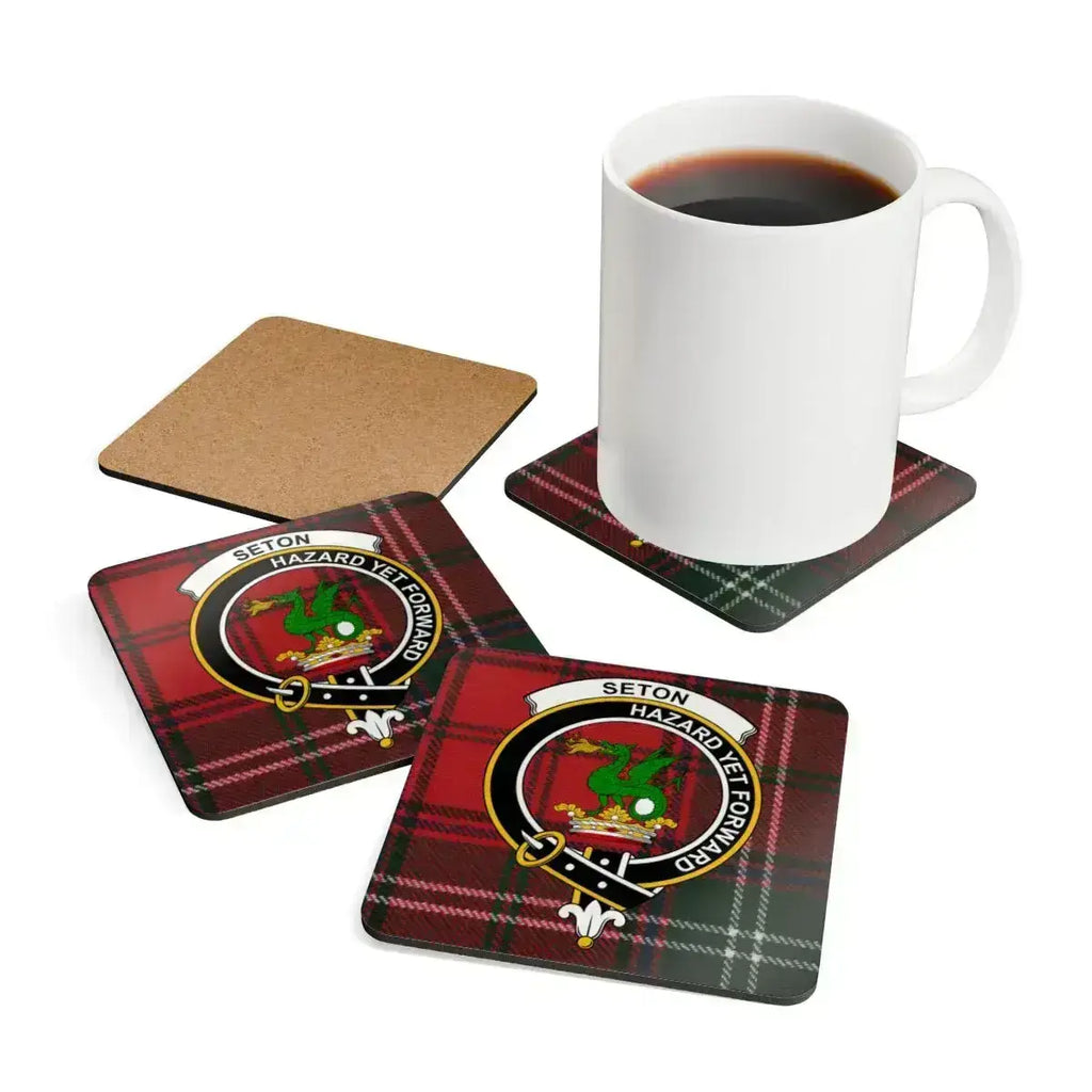 Clan Seton tartan plaid coaster — glossy square cork, Scottish dragon crest design
