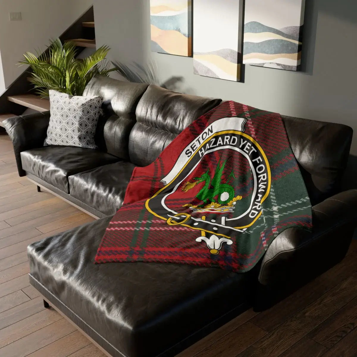 Clan Seton Hazard Yet Forward tartan throw blanket — dragon crest on lightweight polyester, 50" x 60"