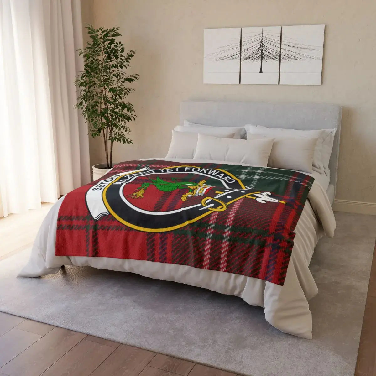 Seton clan crest tartan throw draped on sofa — printed design, white reverse, hemmed edges